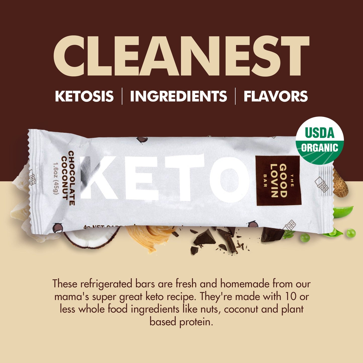 ORIGINAL ORGANIC KETO BAR Chocolate Coconut Flavor (4ct) Refrigerated Snack Bar The Good Lovin' Bar 